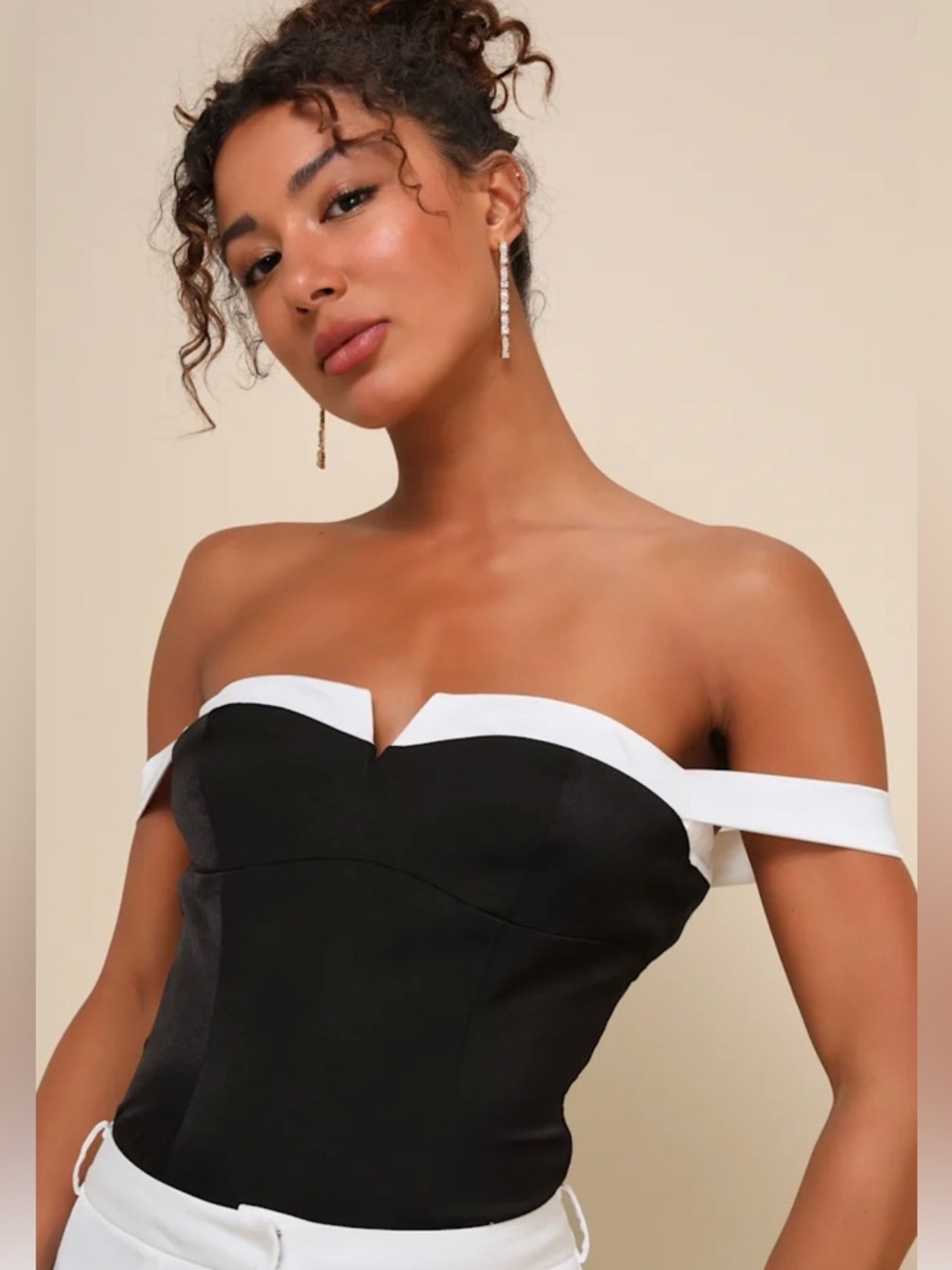 New! Lulus Signature Perfection Black Color Block Satin Notched Bodysuit size S